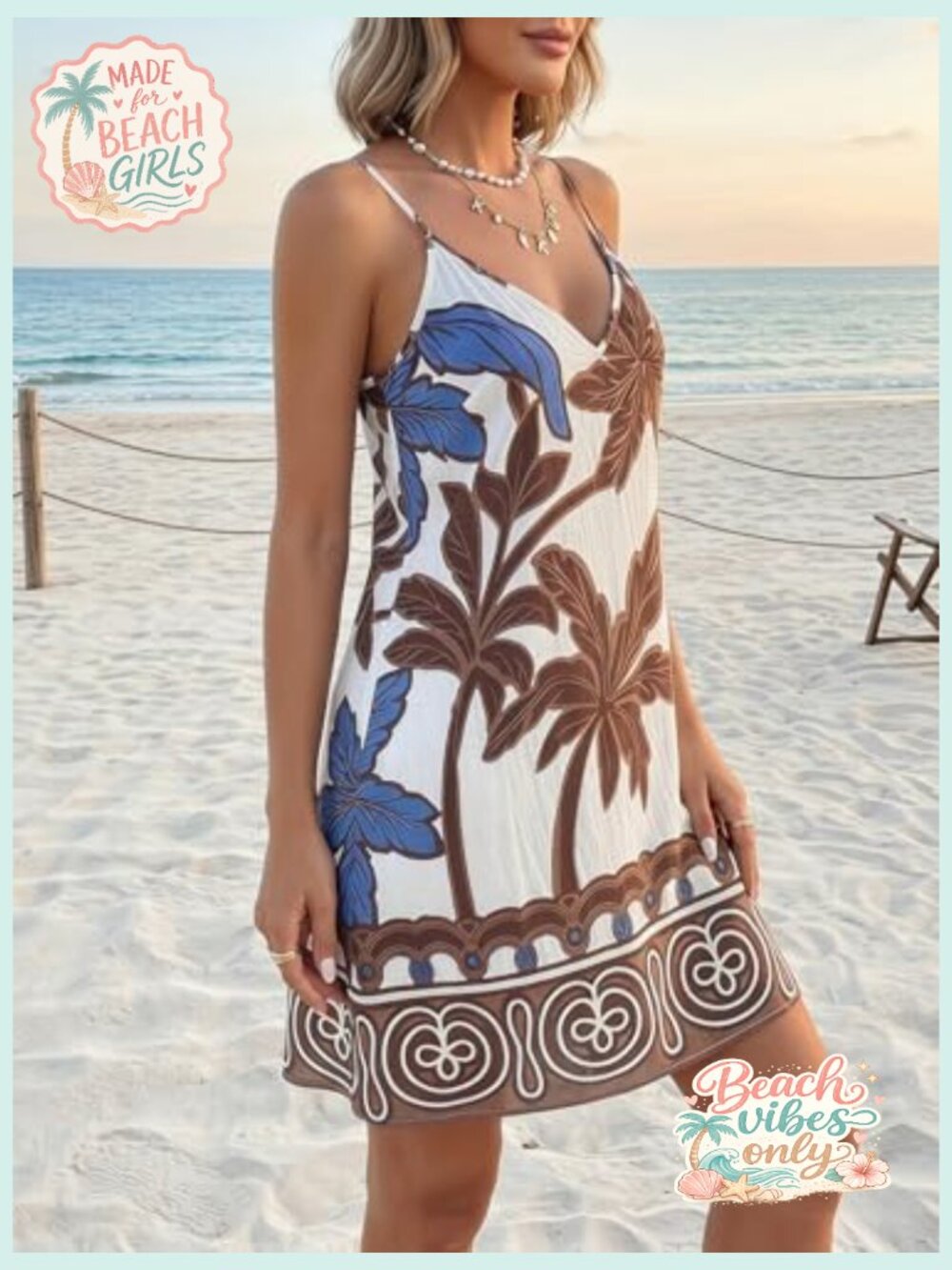 Tropical Print Backless Mini Dress Deep V Neck Flowy Beach Vacation Outfit - Picture 3 of 7